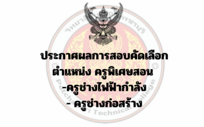 ประกาศผลการสอบคัดเลือกเป็นลูกจ้างชั่วคราวรายเดือน ตำแหน่งครูพิเศษสอน แผนกวิชาช่างไฟฟ้ากำลัง แผนกวิชาช่างก่อสร้าง